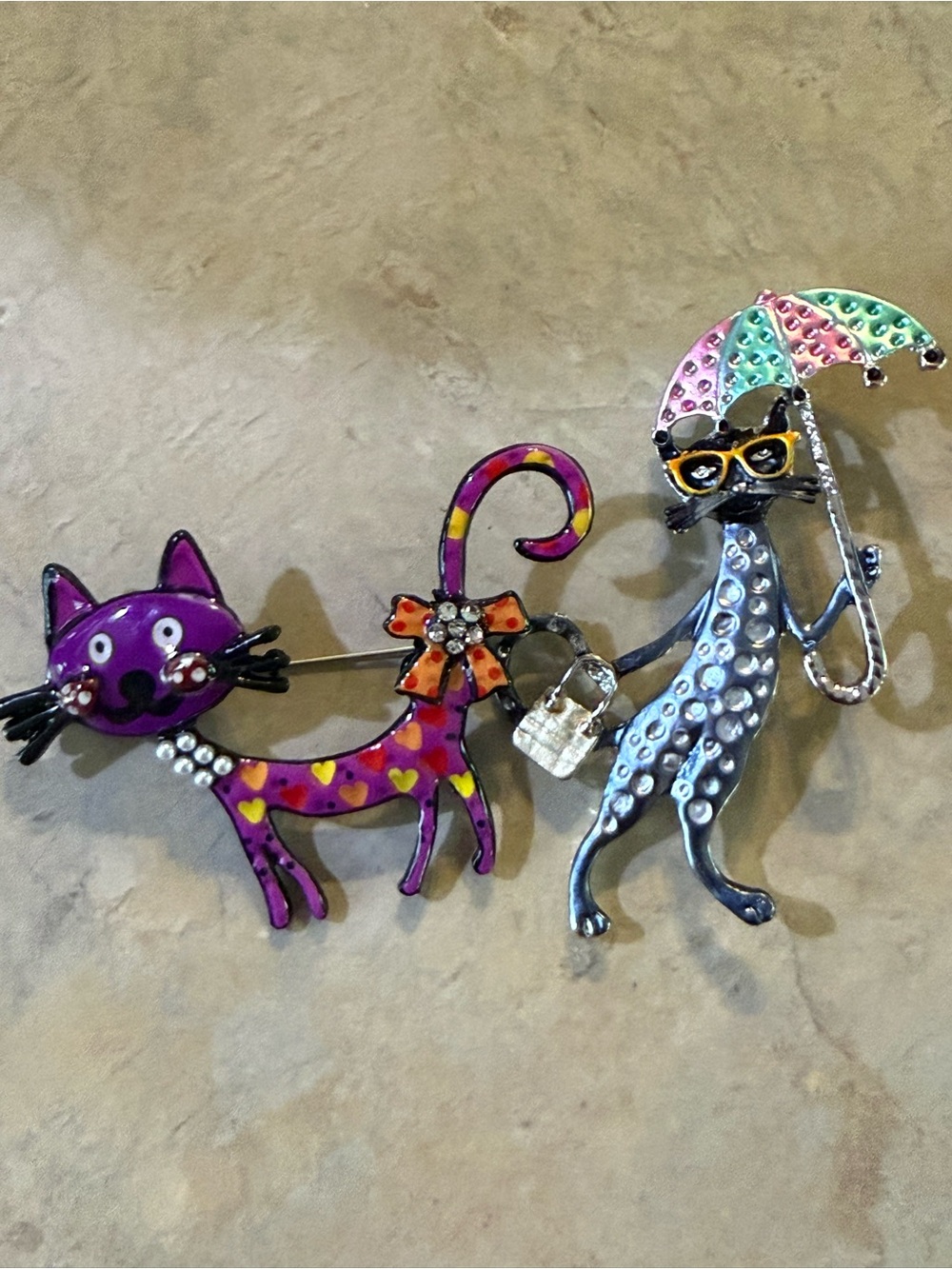 Playful Purple & Silver Cat Brooch Duo with Colorful Umbrella